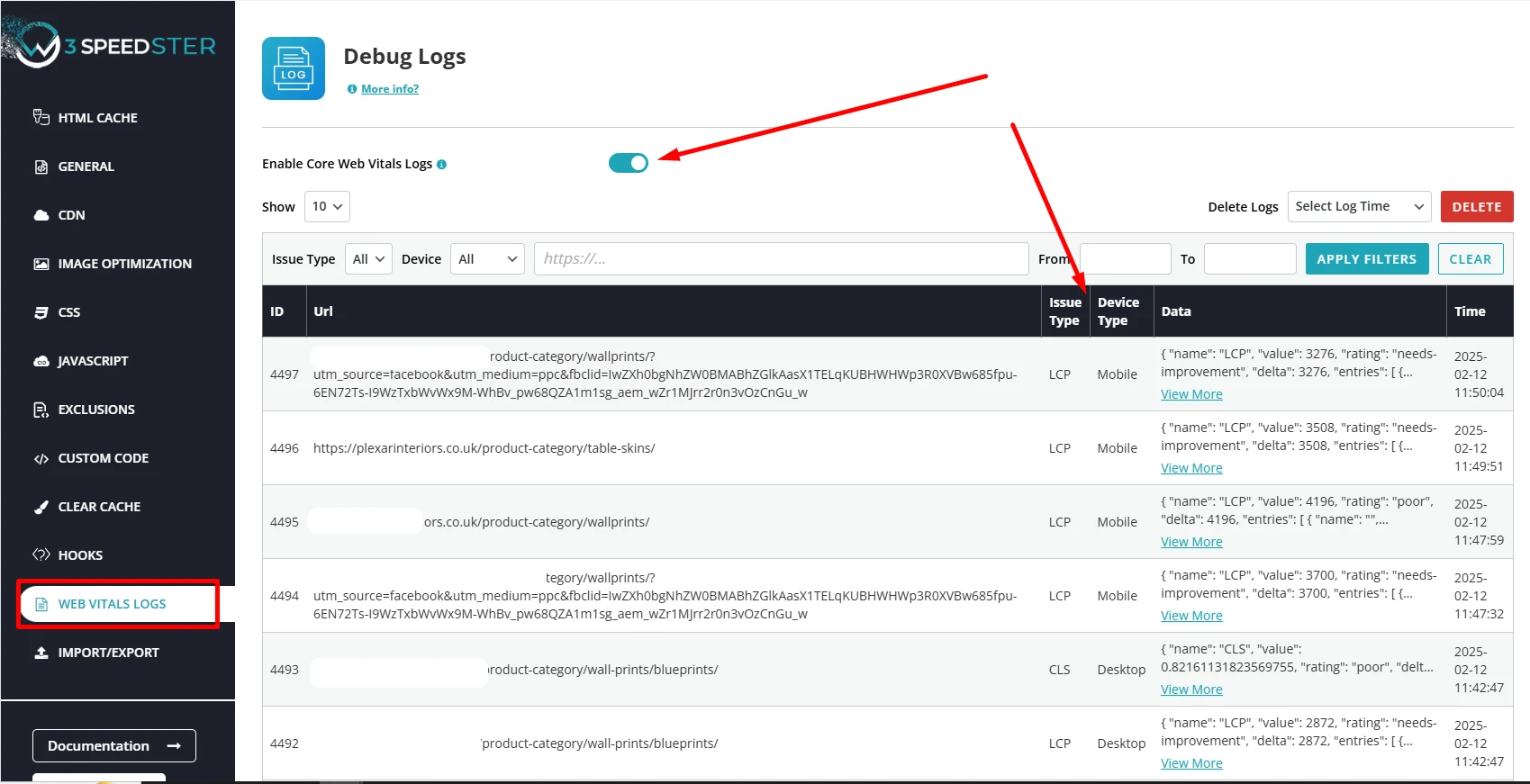 Core Web Vital Logs - W3speedster Plugin