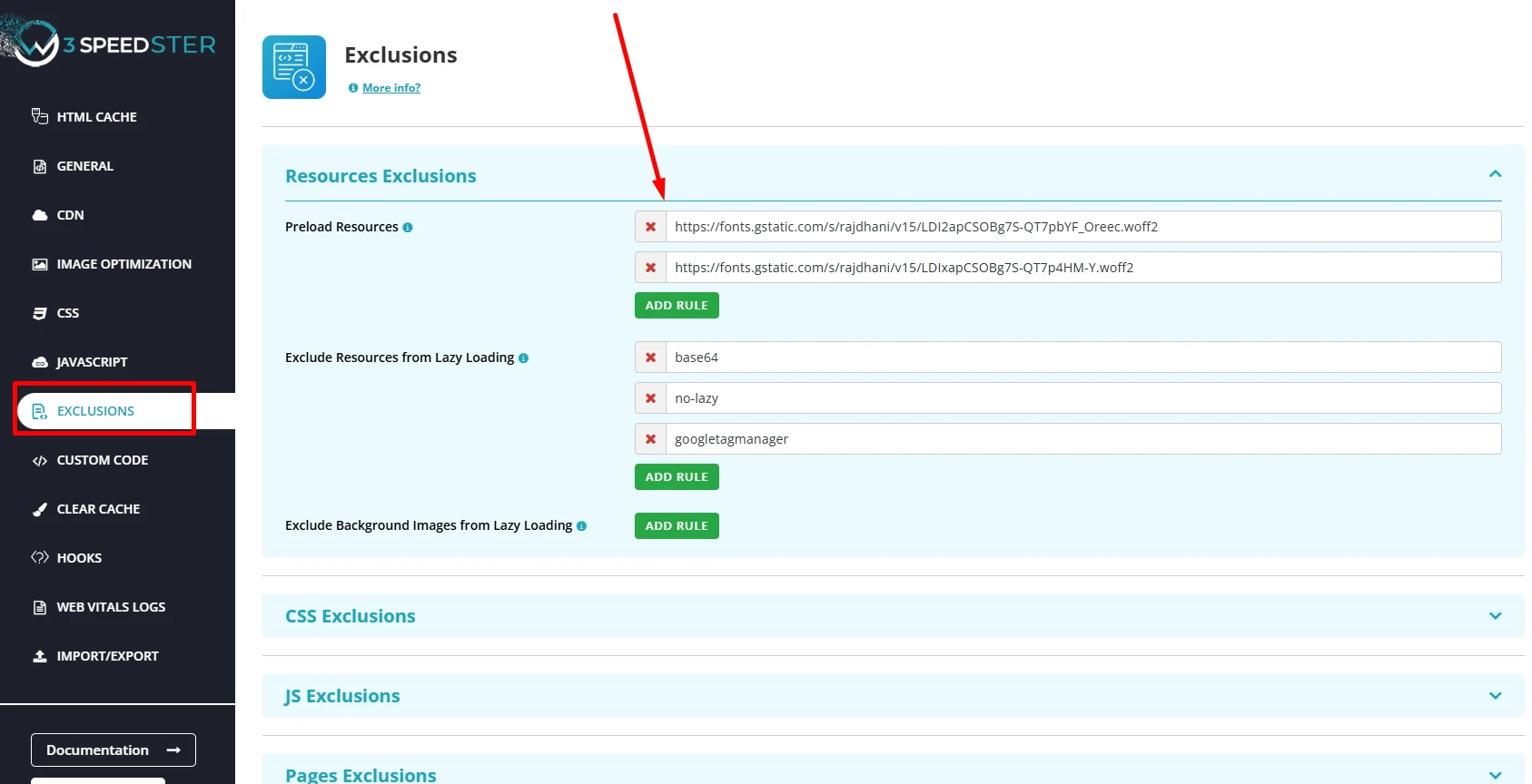 Exclusions - W3speedster Plugin